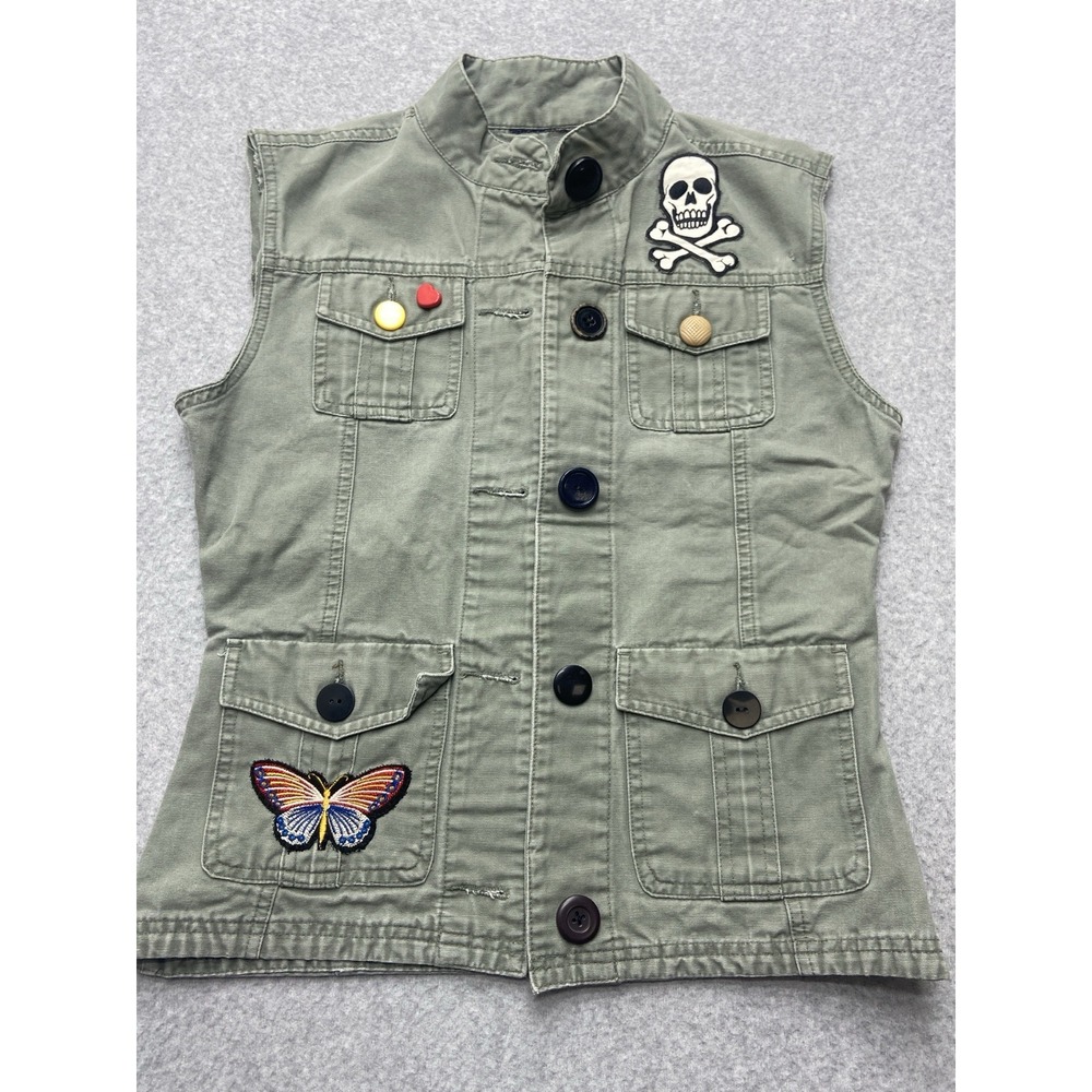 Military Style Utility Vest Womens Medium Olive Green Custom Patched Sleeveless